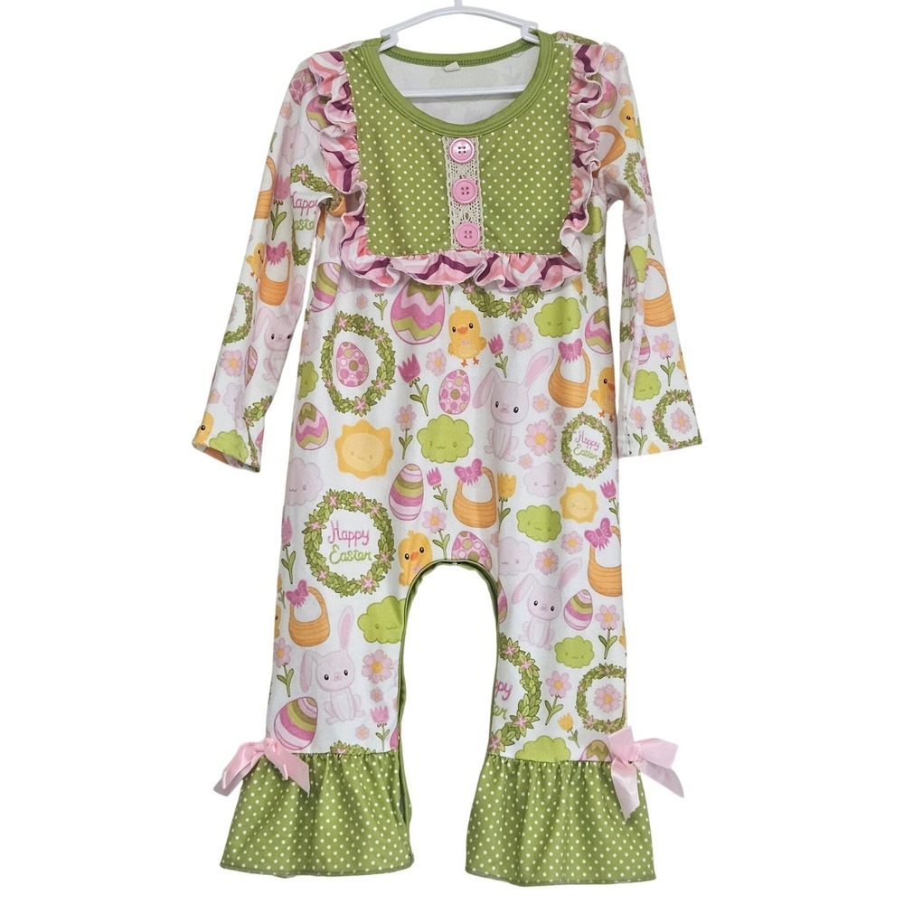 Easter Bunny Chick Print Ruffle Romper Green Polka Dot Bell Bottoms‎ 18-24M